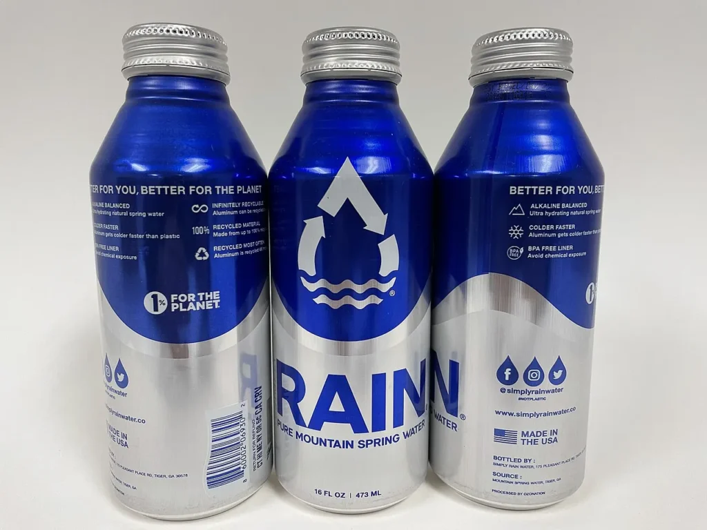 A resealable aluminium bottle of canned spring water