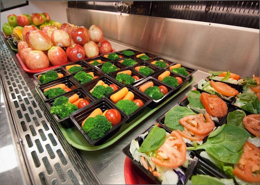 Healthy meal trays with fresh vegetables, fruit and salads on a serving counter