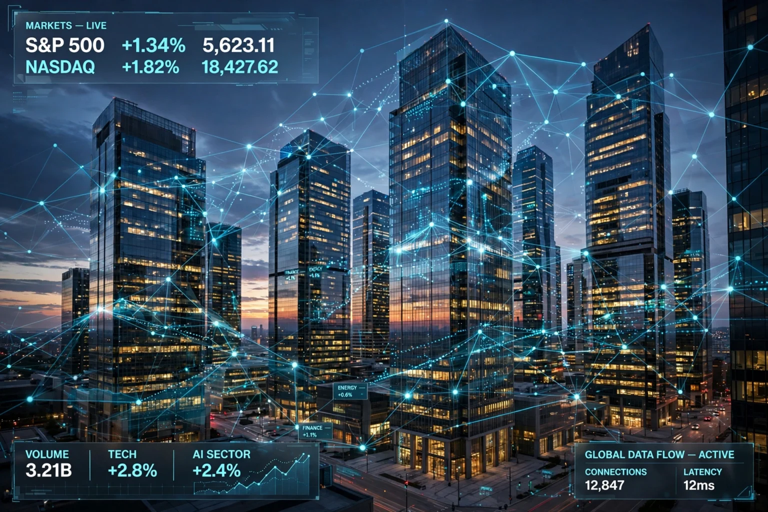 Corporate skyscrapers with a digital data network overlay at dusk