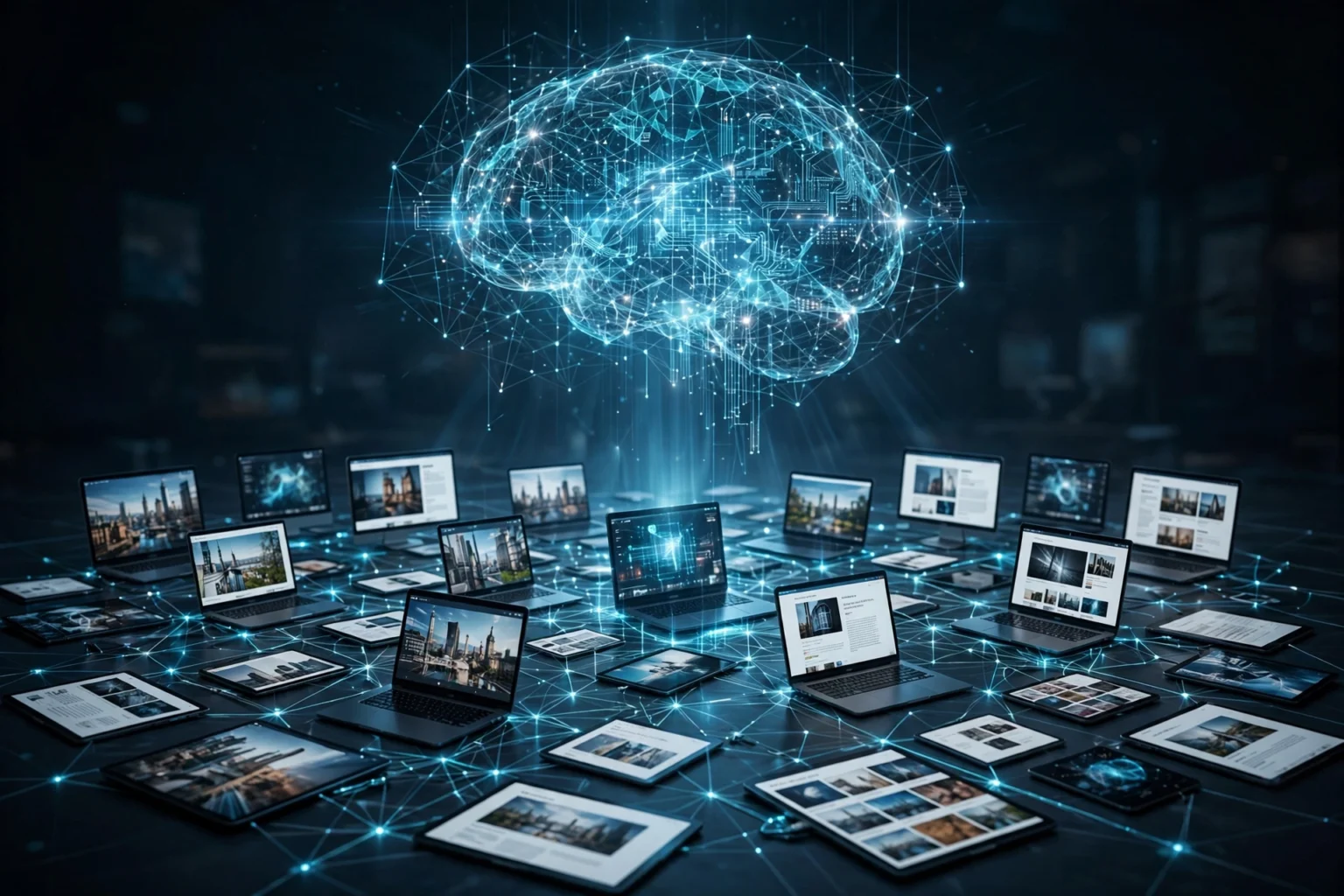 AI chatbot interface hovering over a network of news and publishing websites