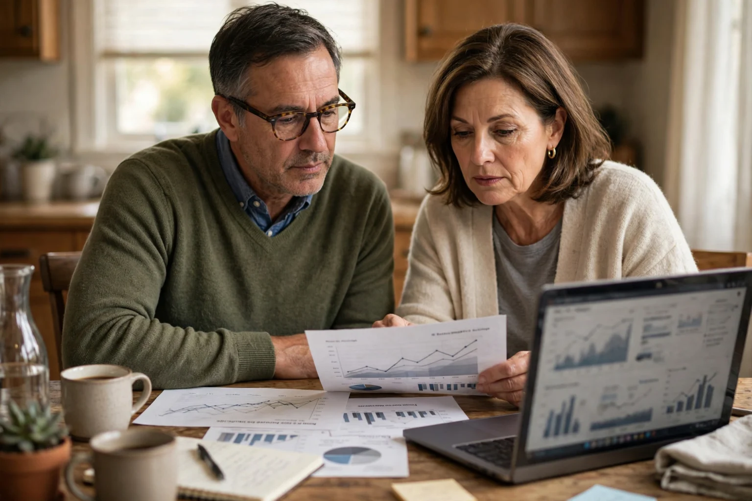 Couple near age 50 reviewing retirement savings charts and net worth figures at home